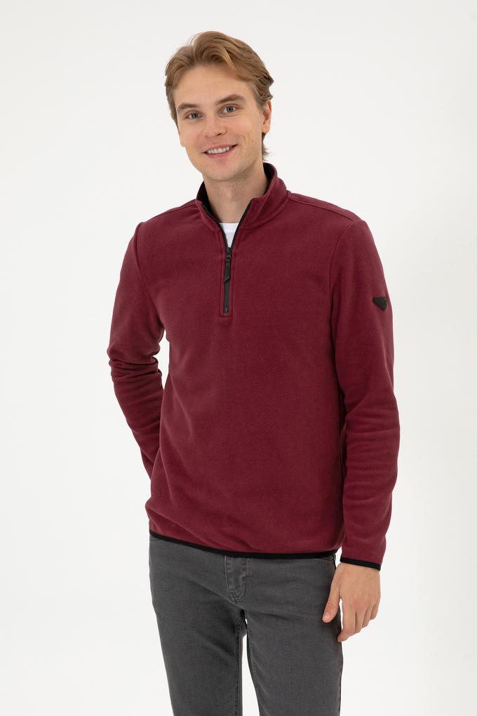 Erkek Regular Fit Koyu Bordo Polar Yarım Fermuarlı Basic Sweatshirt