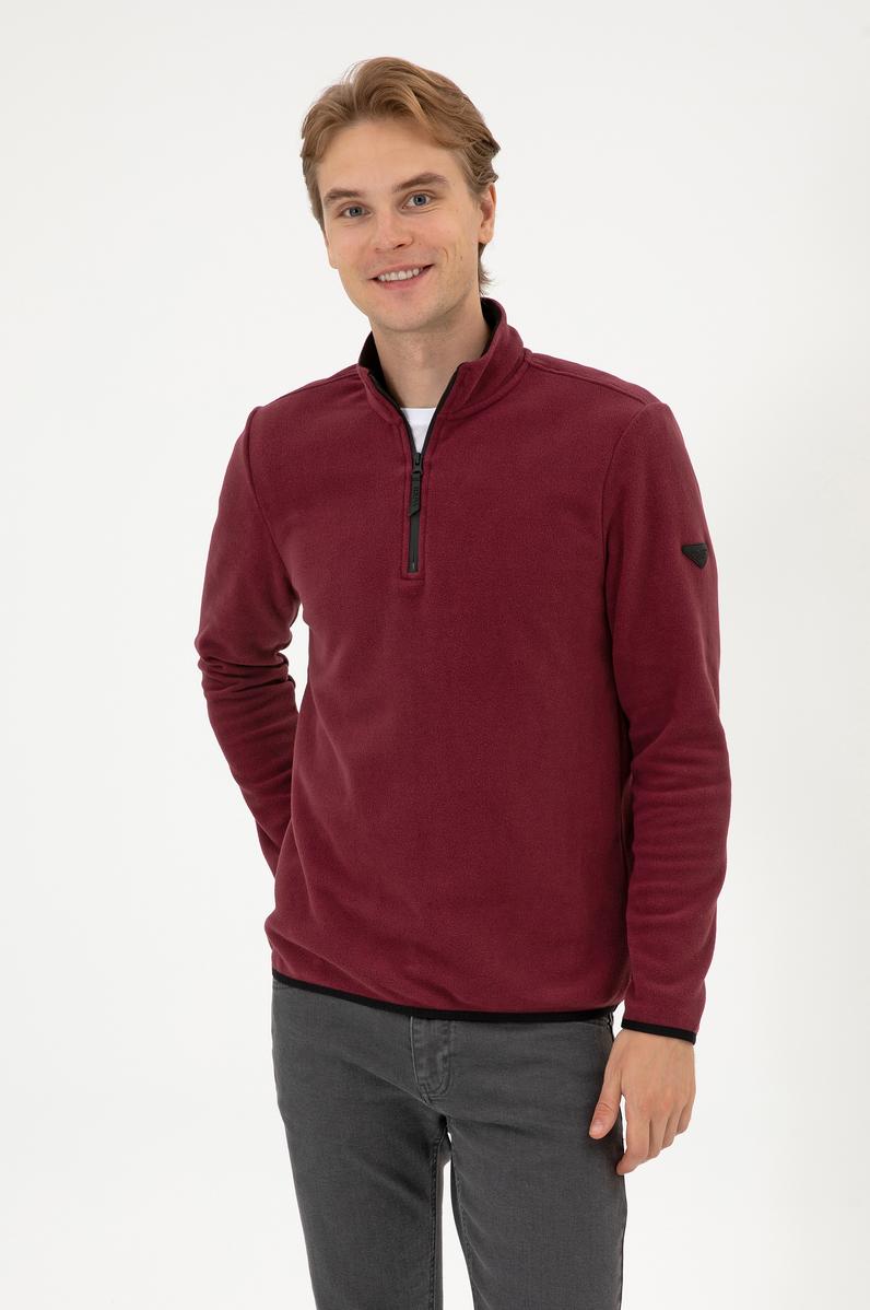 Erkek Regular Fit Koyu Bordo Polar Yarım Fermuarlı Basic Sweatshirt
