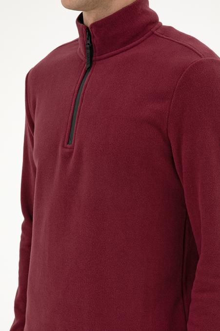 Erkek Regular Fit Koyu Bordo Polar Yarım Fermuarlı Basic Sweatshirt