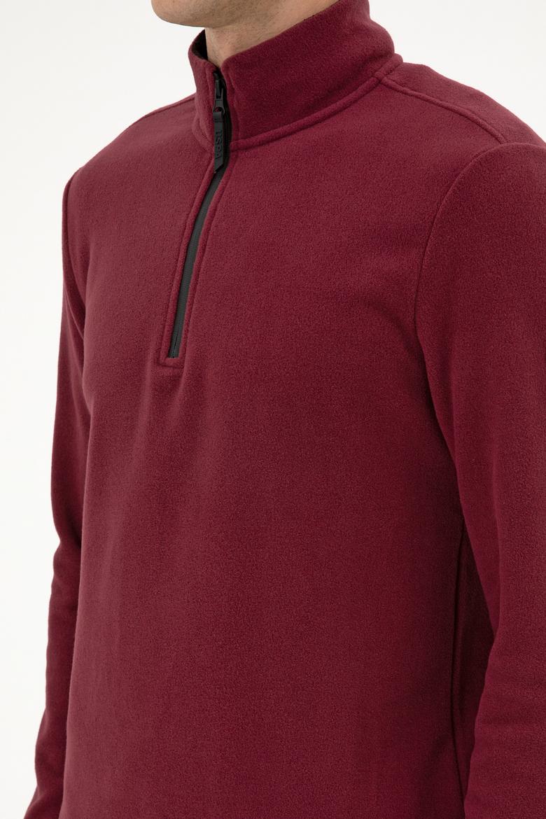 Erkek Regular Fit Koyu Bordo Polar Yarım Fermuarlı Basic Sweatshirt - 50313777096
