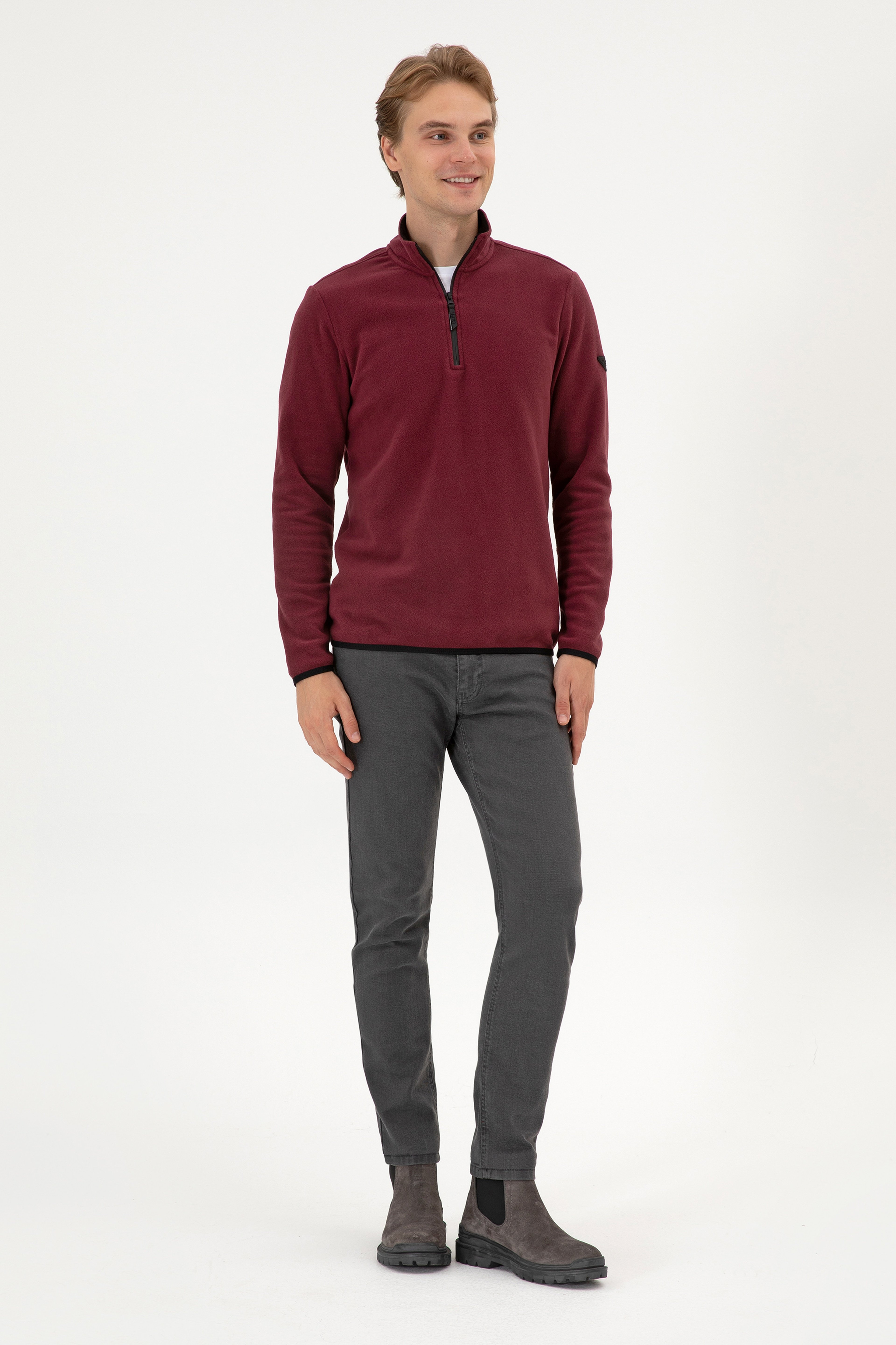 Erkek Regular Fit Koyu Bordo Polar Yarım Fermuarlı Basic Sweatshirt