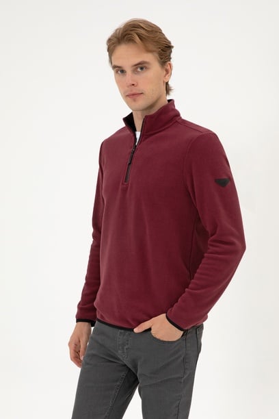 Erkek Regular Fit Koyu Bordo Polar Yarım Fermuarlı Basic Sweatshirt
