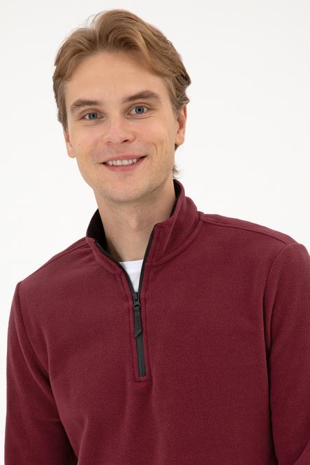 Erkek Regular Fit Koyu Bordo Polar Yarım Fermuarlı Basic Sweatshirt