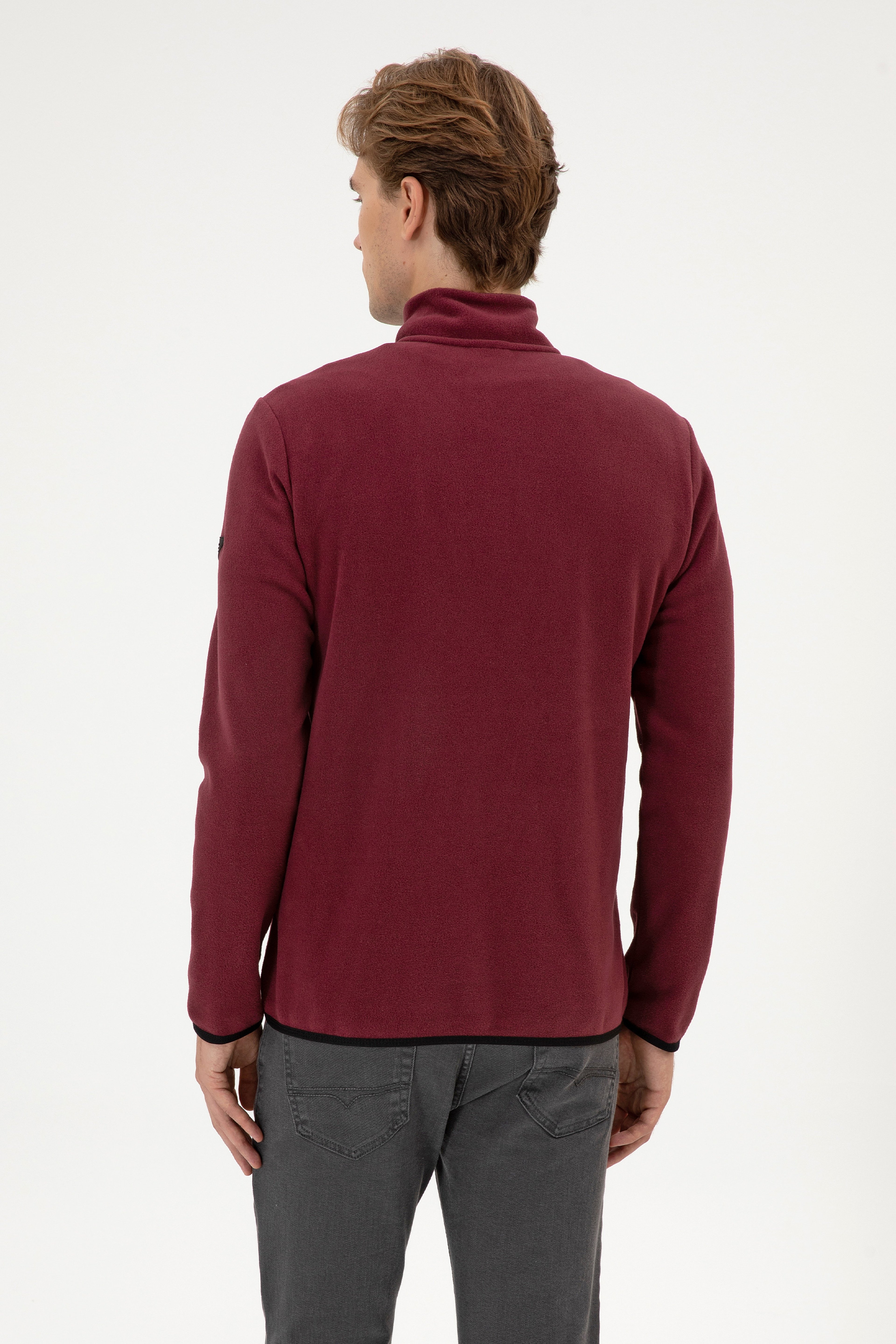 Erkek Regular Fit Koyu Bordo Polar Yarım Fermuarlı Basic Sweatshirt