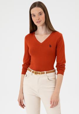 Kadın Kiremit V Yaka Basic Kazak - 50313590116