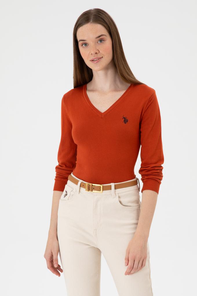 Kadın Kiremit V Yaka Basic Kazak