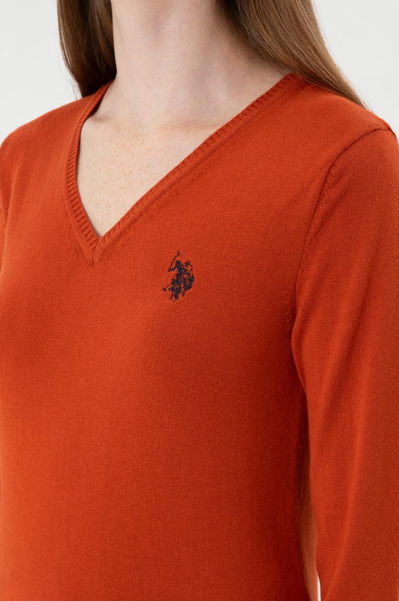 Kadın Kiremit V Yaka Basic Kazak