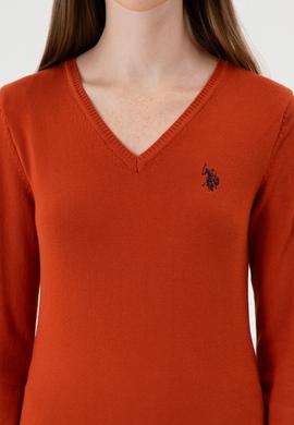 Kadın Kiremit V Yaka Basic Kazak - 50313590116