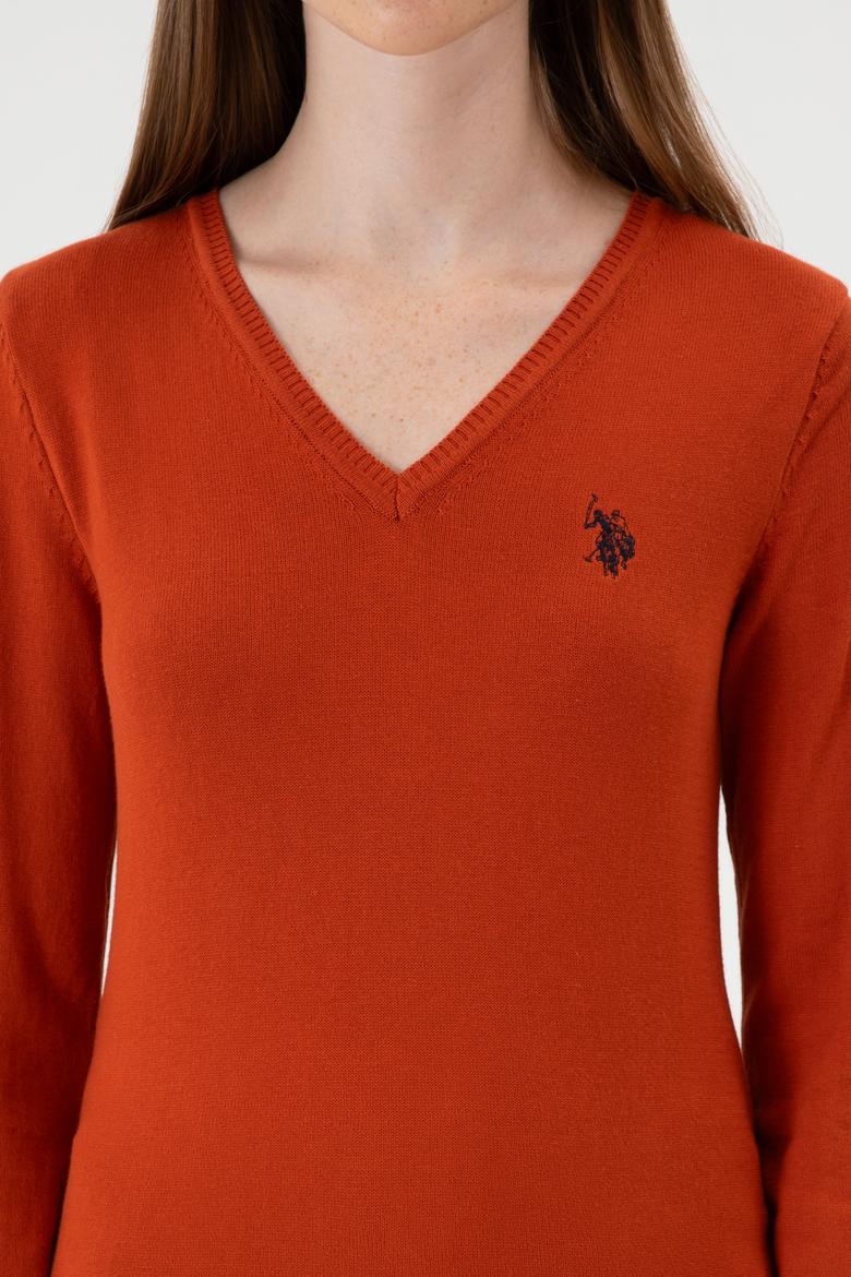 Kadın Kiremit V Yaka Basic Kazak - 50313590116