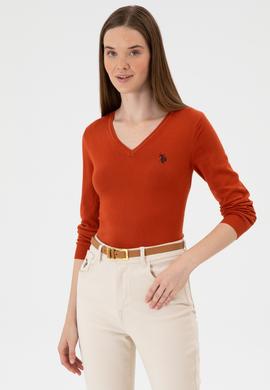 Kadın Kiremit V Yaka Basic Kazak - 50313590116