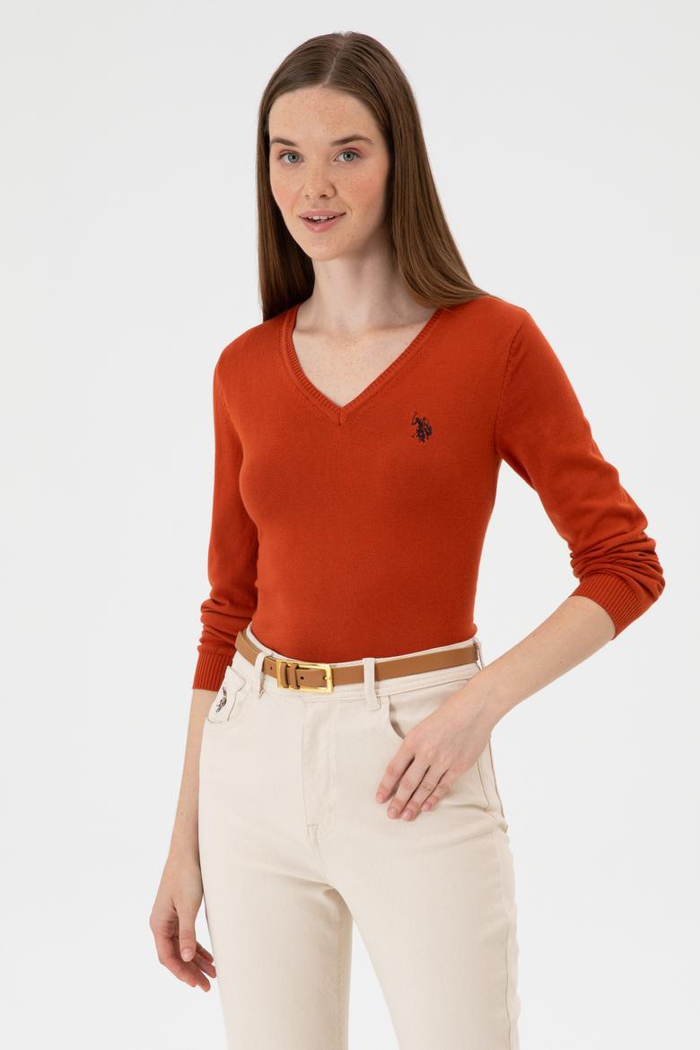 Kadın Kiremit V Yaka Basic Kazak - 50313590116