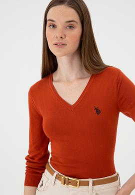 Kadın Kiremit V Yaka Basic Kazak - 50313590116