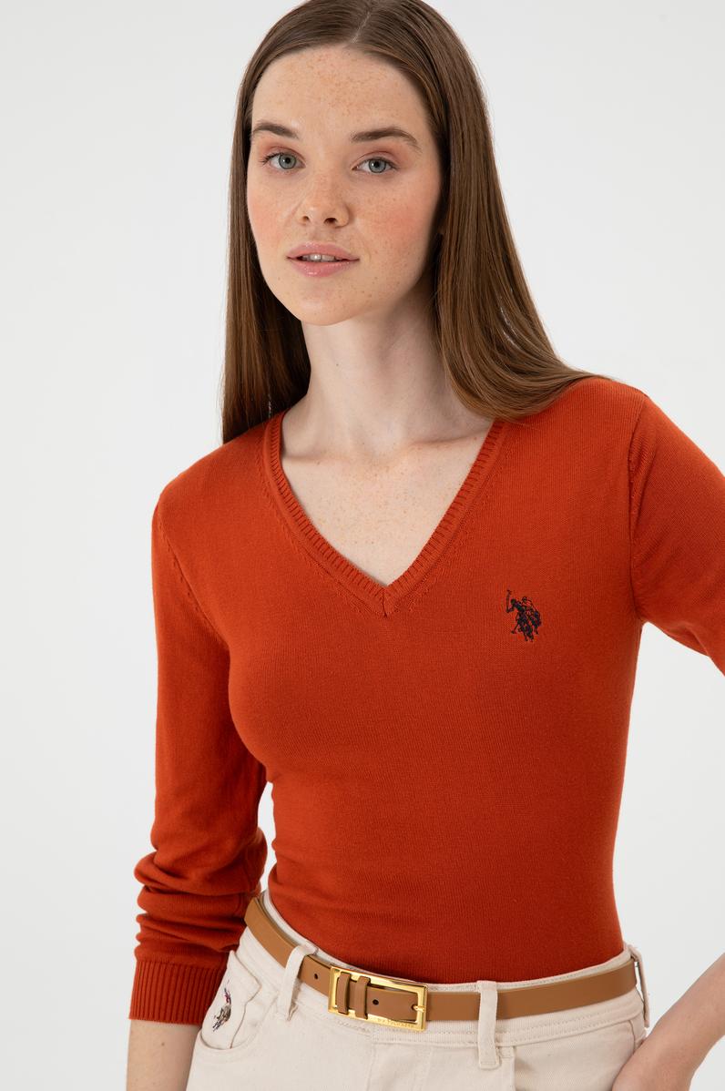 Kadın Kiremit V Yaka Basic Kazak