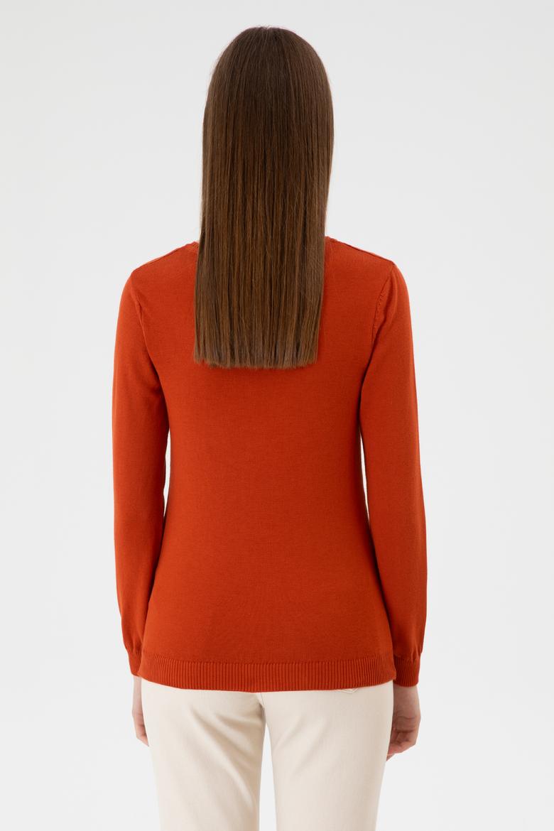 Kadın Kiremit V Yaka Basic Kazak - 50313590116