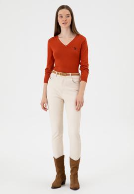 Kadın Kiremit V Yaka Basic Kazak - 50313590116