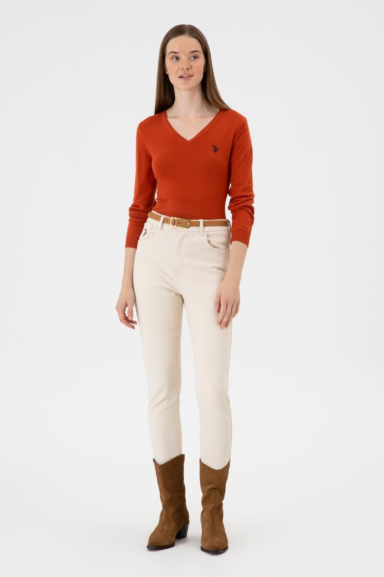 Kadın Kiremit V Yaka Basic Kazak - 50313590116