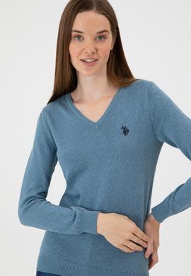 Kadın Koyu Mavi V Yaka Basic Kazak - 50313590081