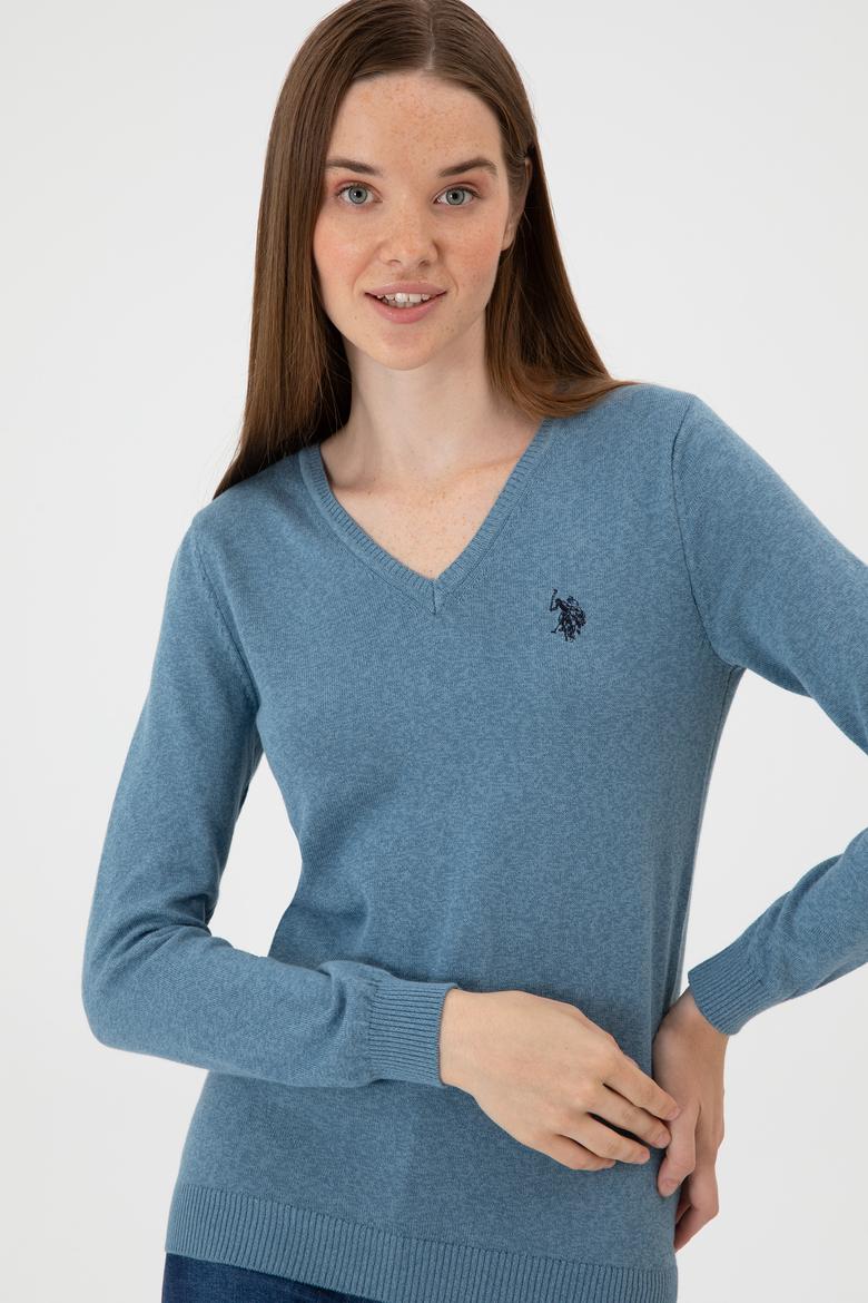 Kadın Koyu Mavi V Yaka Basic Kazak - 50313590081