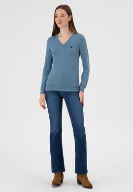 Kadın Koyu Mavi V Yaka Basic Kazak - 50313590081