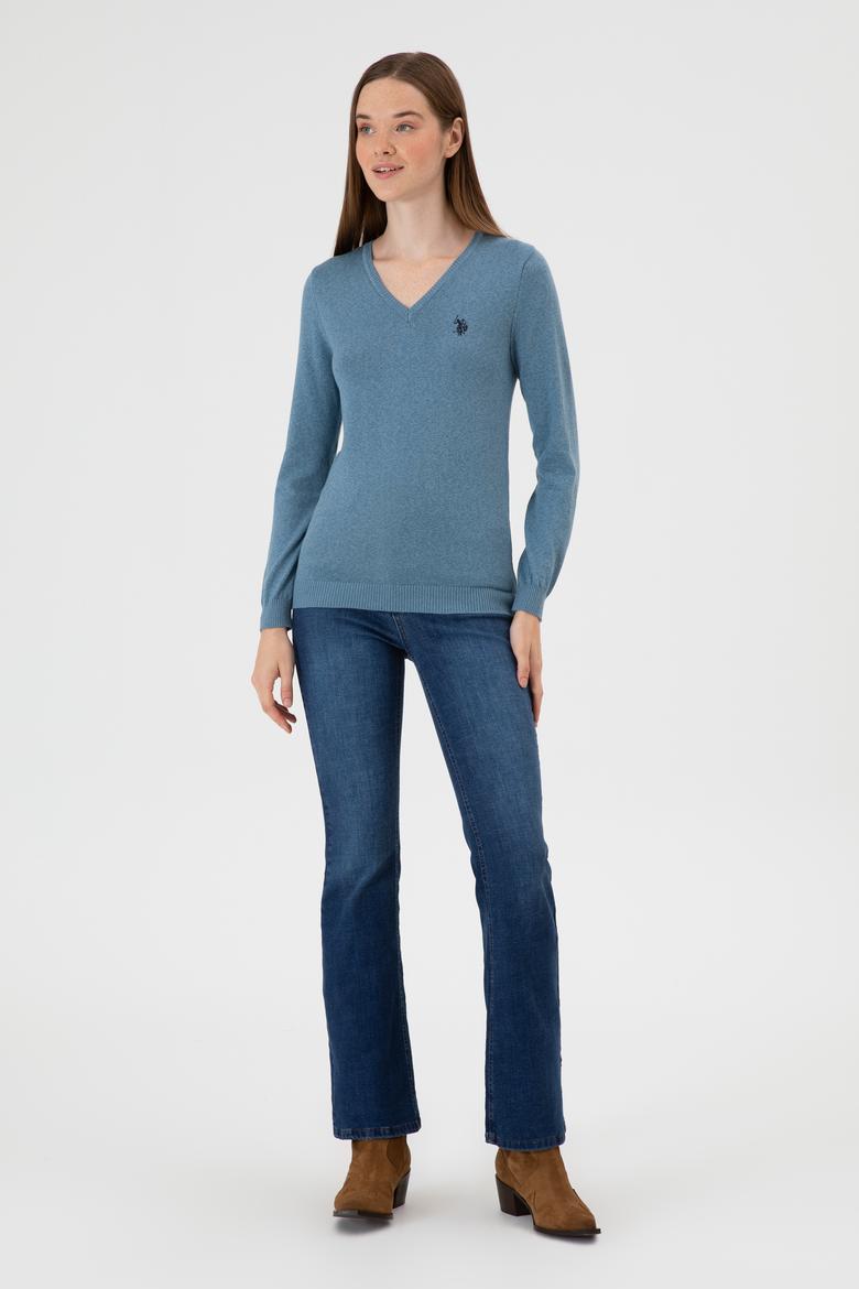 Kadın Koyu Mavi V Yaka Basic Kazak - 50313590081