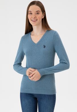 Kadın Koyu Mavi V Yaka Basic Kazak - 50313590081