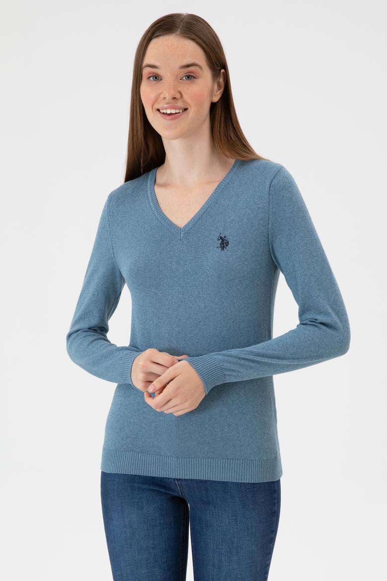 Kadın Koyu Mavi V Yaka Basic Kazak - 50313590081