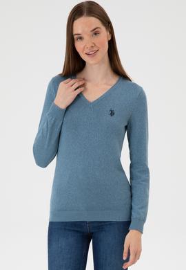 Kadın Koyu Mavi V Yaka Basic Kazak - 50313590081