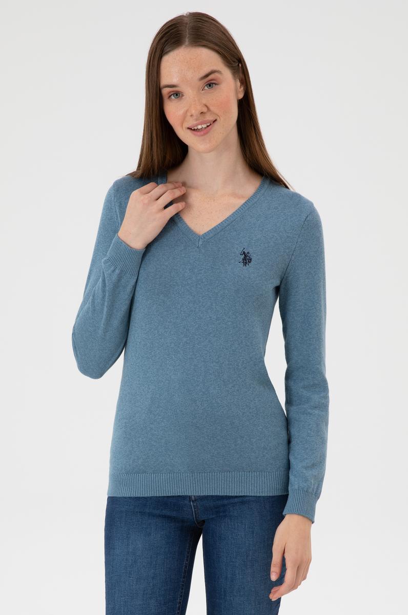 Kadın Koyu Mavi V Yaka Basic Kazak