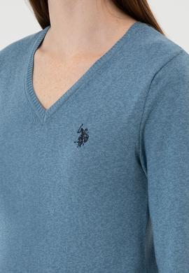 Kadın Koyu Mavi V Yaka Basic Kazak - 50313590081