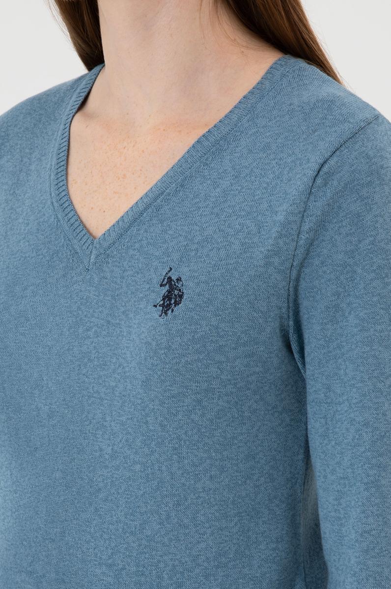 Kadın Koyu Mavi V Yaka Basic Kazak