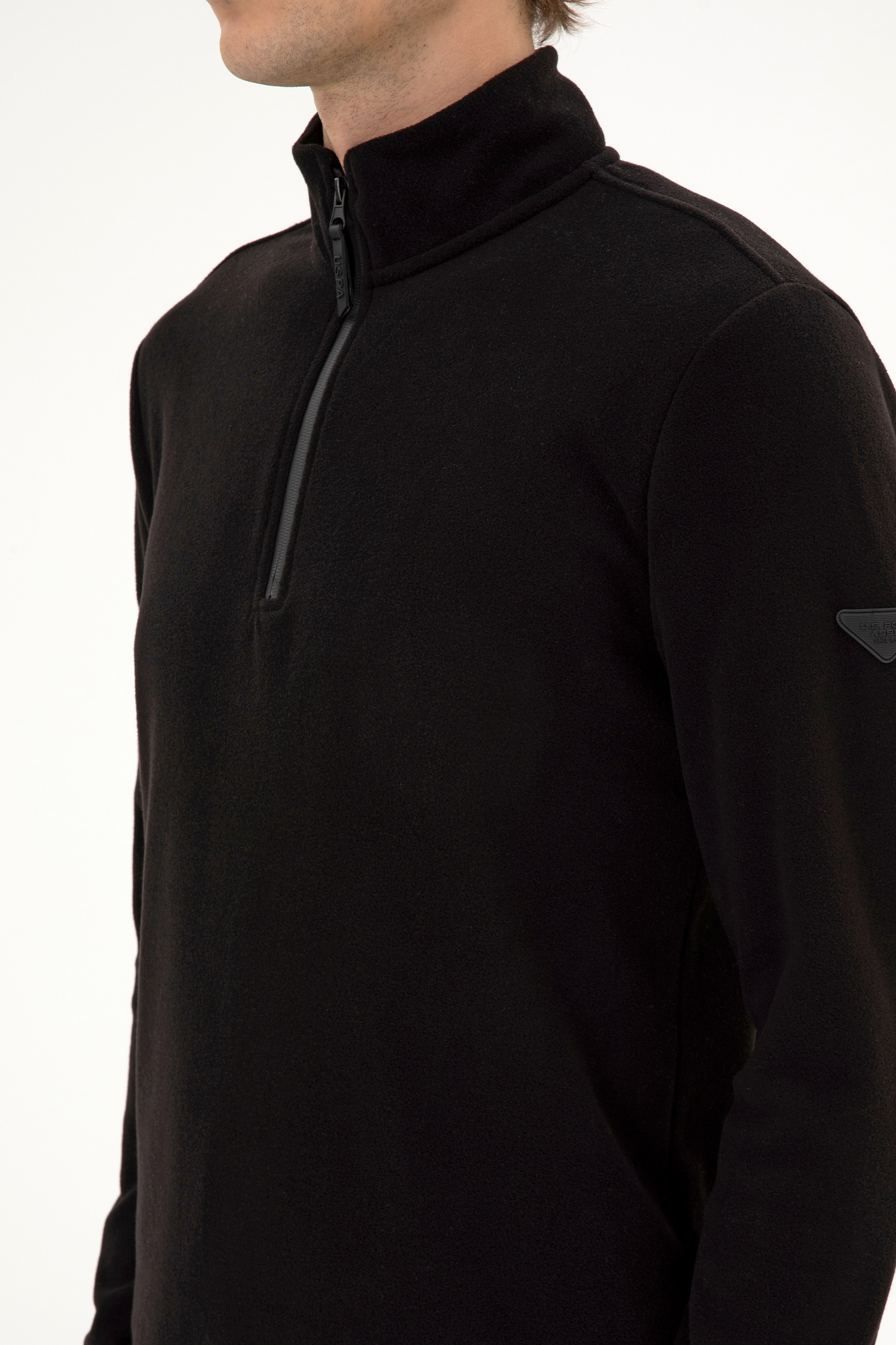 Erkek Regular Fit Siyah Polar Yarım Fermuarlı Basic Sweatshirt