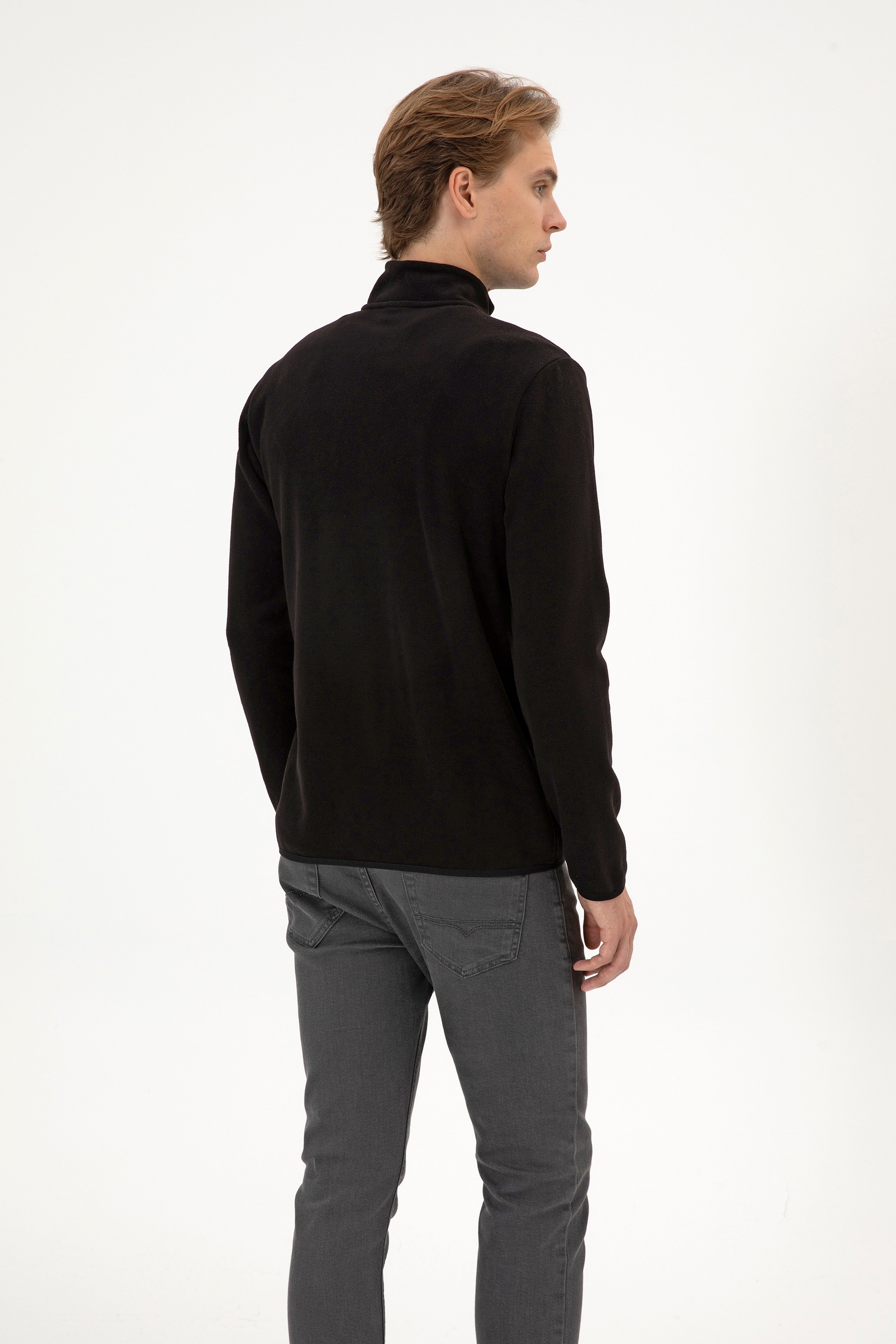 Erkek Regular Fit Siyah Polar Yarım Fermuarlı Basic Sweatshirt