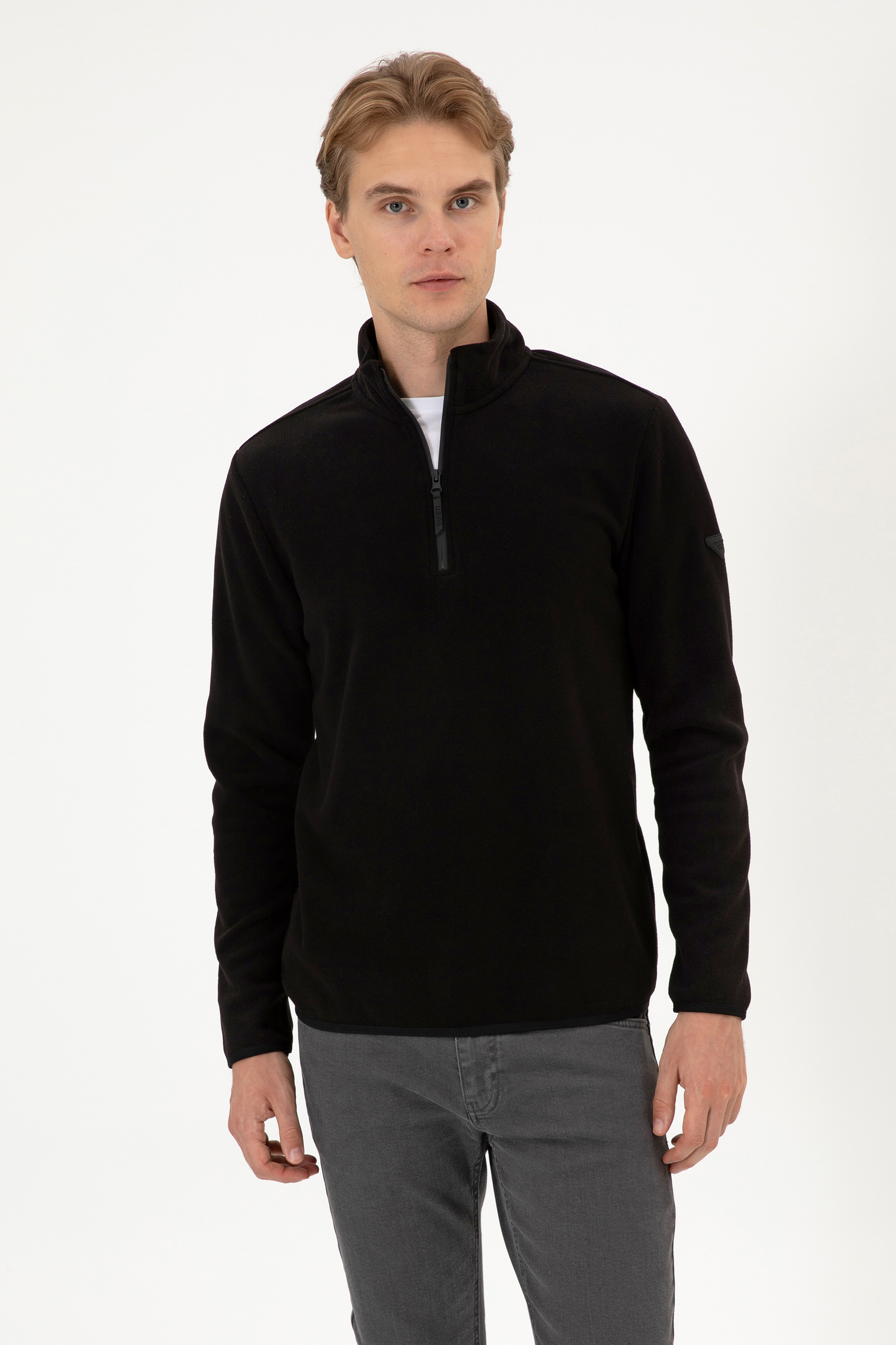 Erkek Regular Fit Siyah Polar Yarım Fermuarlı Basic Sweatshirt - Image 1