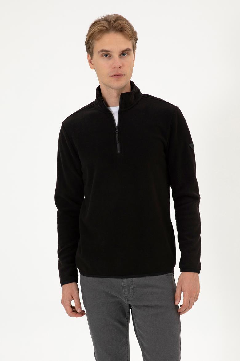 Erkek Regular Fit Siyah Polar Yarım Fermuarlı Basic Sweatshirt