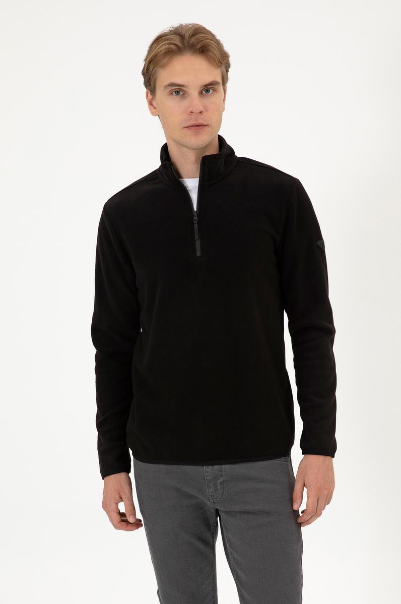 Erkek Regular Fit Siyah Polar Yarım Fermuarlı Basic Sweatshirt