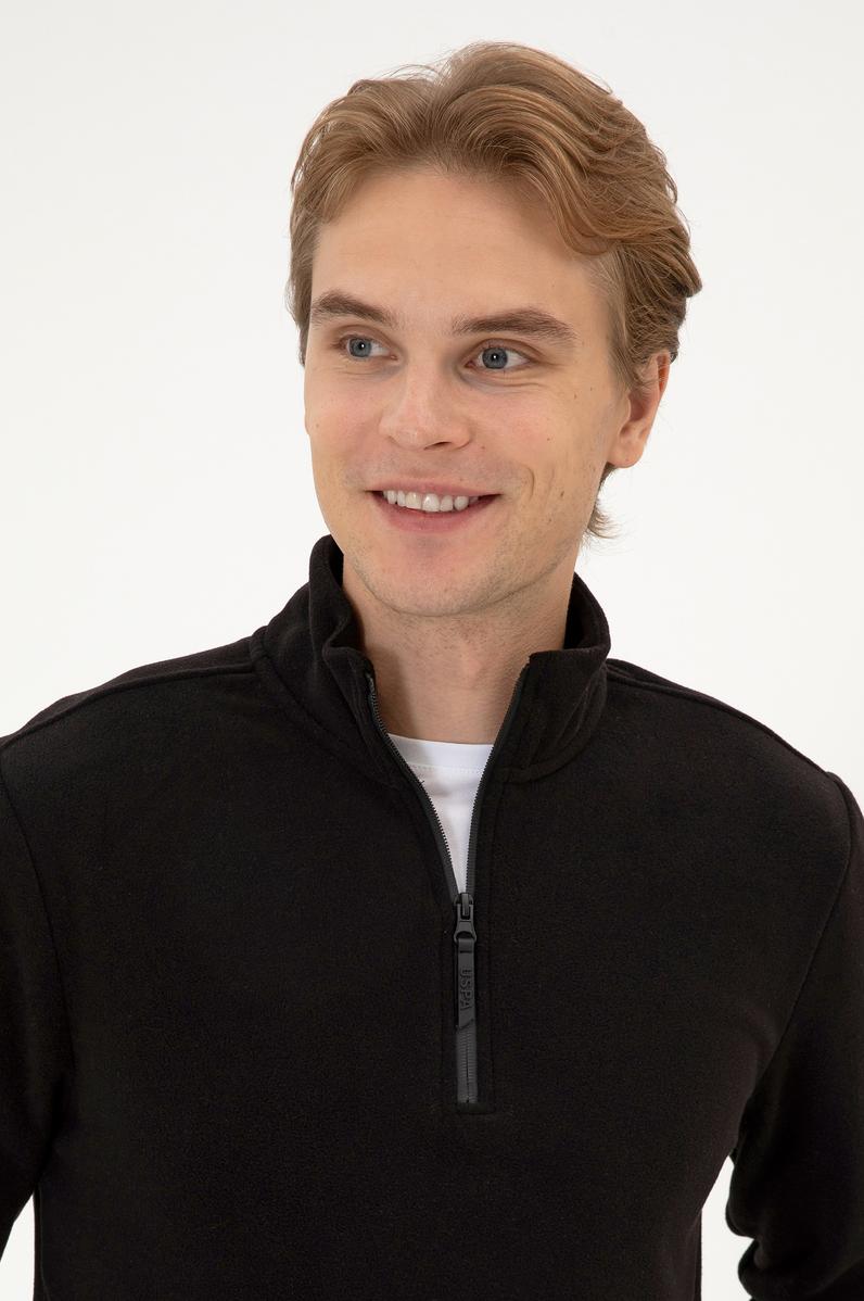 Erkek Regular Fit Siyah Polar Yarım Fermuarlı Basic Sweatshirt