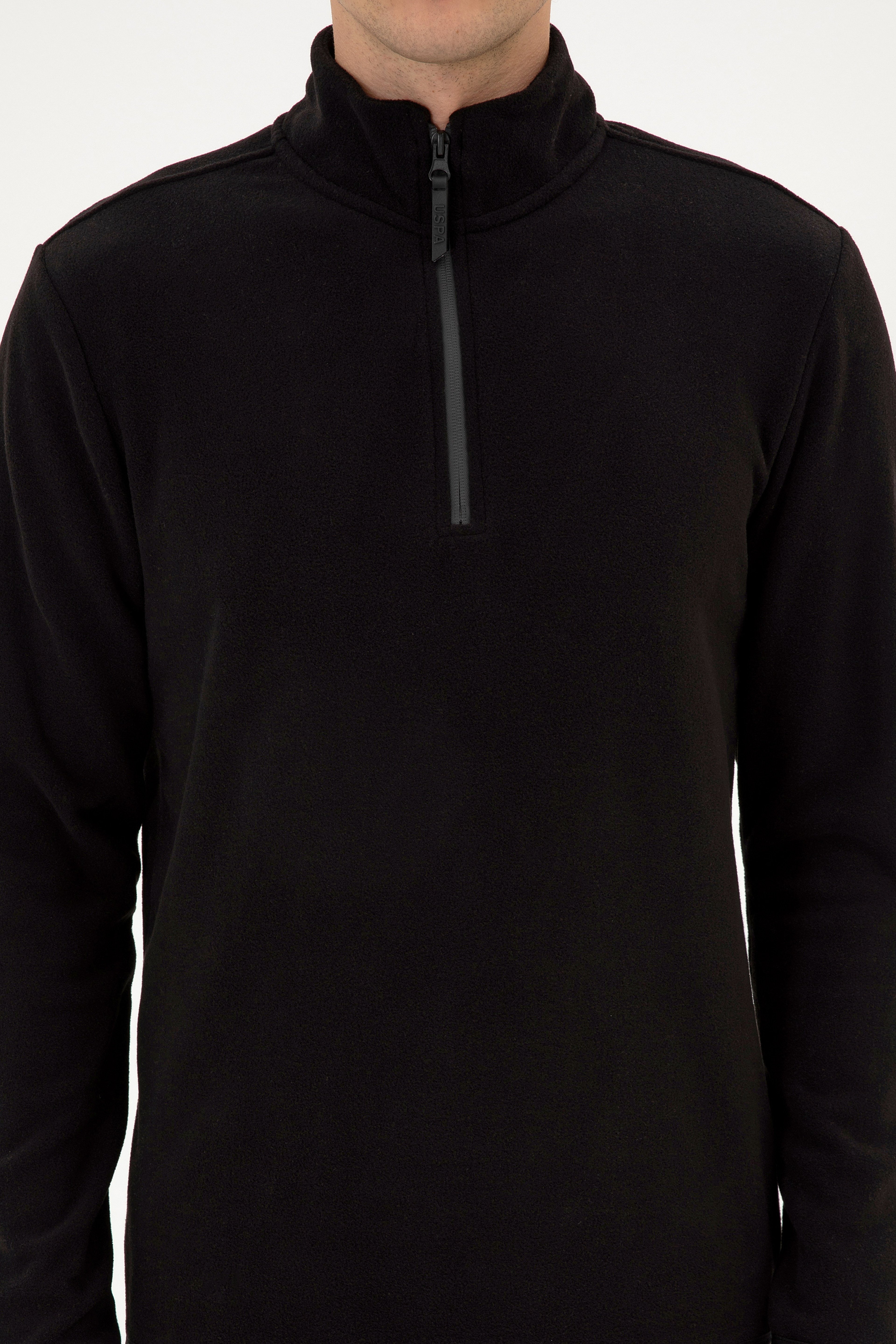 Erkek Regular Fit Siyah Polar Yarım Fermuarlı Basic Sweatshirt
