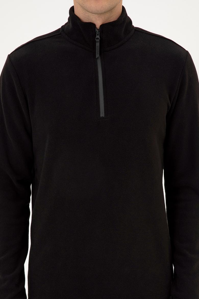 Erkek Regular Fit Siyah Polar Yarım Fermuarlı Basic Sweatshirt - 50313777036