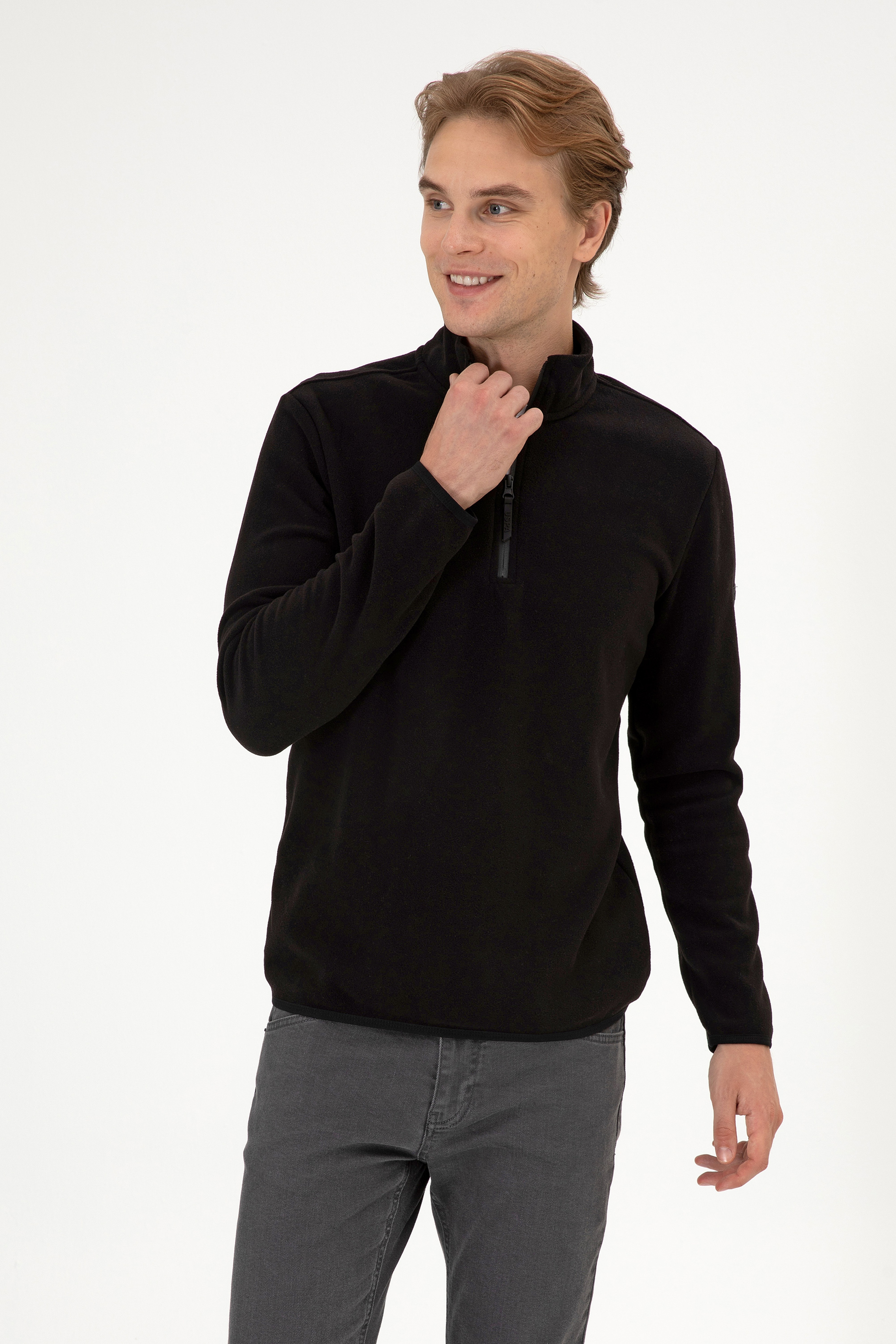 Erkek Regular Fit Siyah Polar Yarım Fermuarlı Basic Sweatshirt