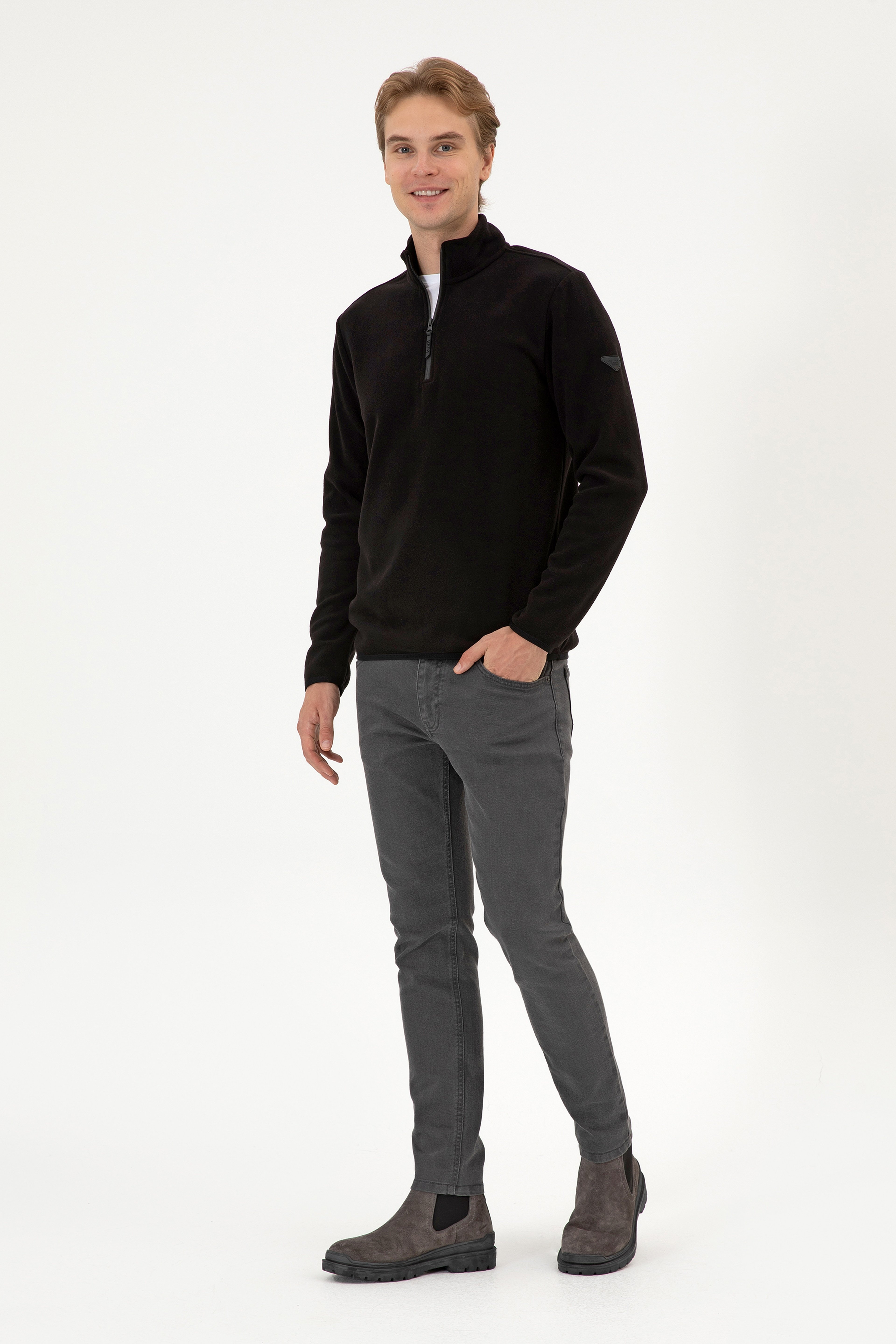 Erkek Regular Fit Siyah Polar Yarım Fermuarlı Basic Sweatshirt - Image 4