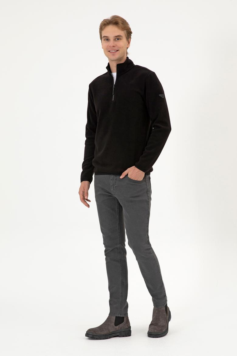 Erkek Regular Fit Siyah Polar Yarım Fermuarlı Basic Sweatshirt - 50313777036