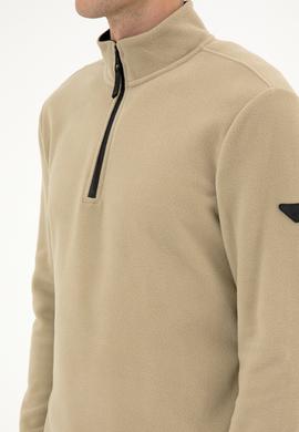 Erkek Regular Fit Açık Haki Polar Yarım Fermuarlı Basic Sweatshirt - 50313777086