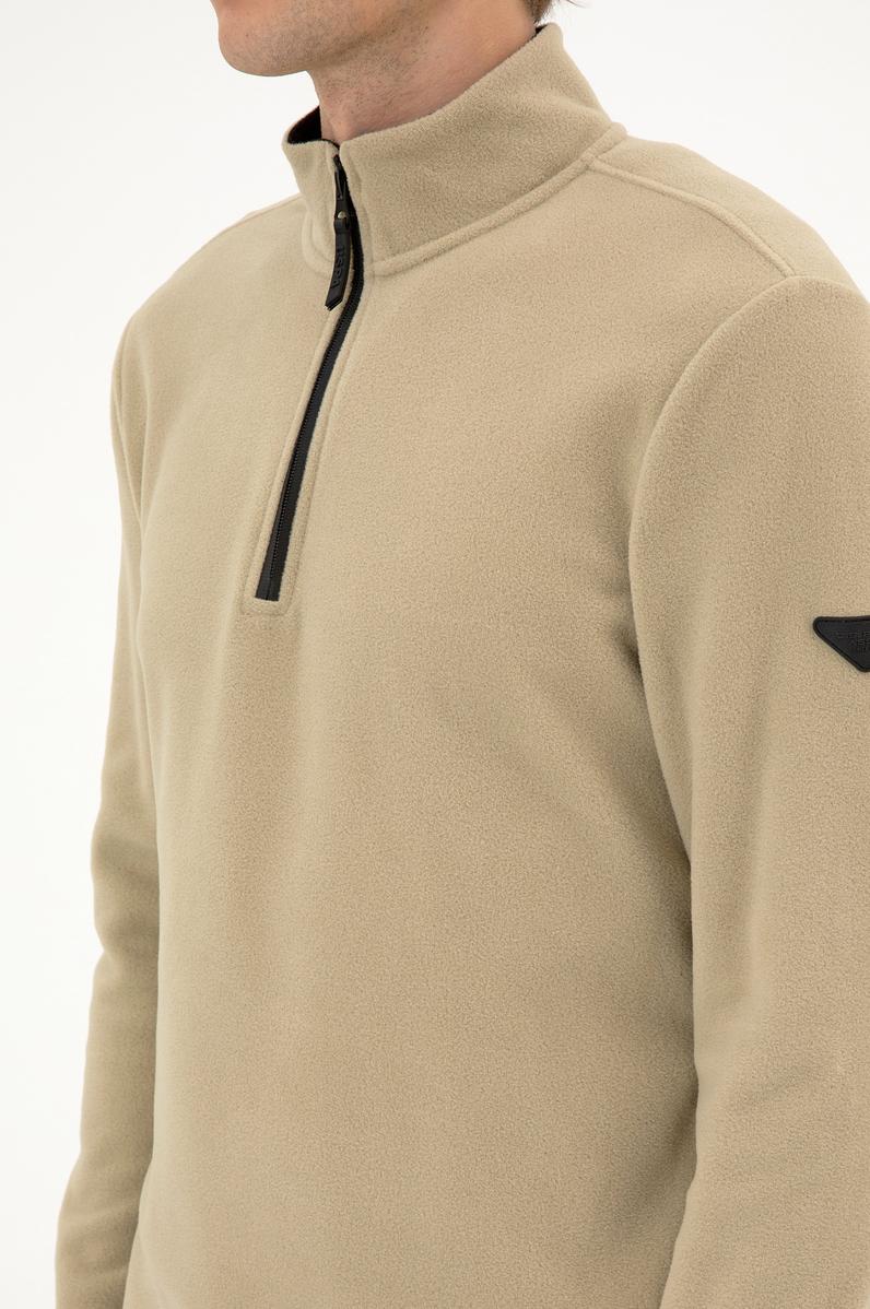 Erkek Regular Fit Açık Haki Polar Yarım Fermuarlı Basic Sweatshirt