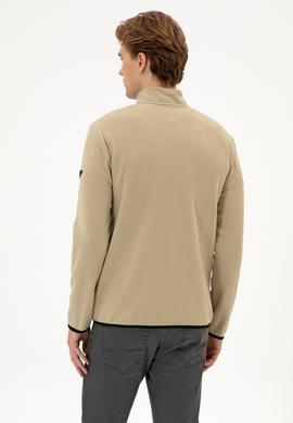 Erkek Regular Fit Açık Haki Polar Yarım Fermuarlı Basic Sweatshirt - 50313777086