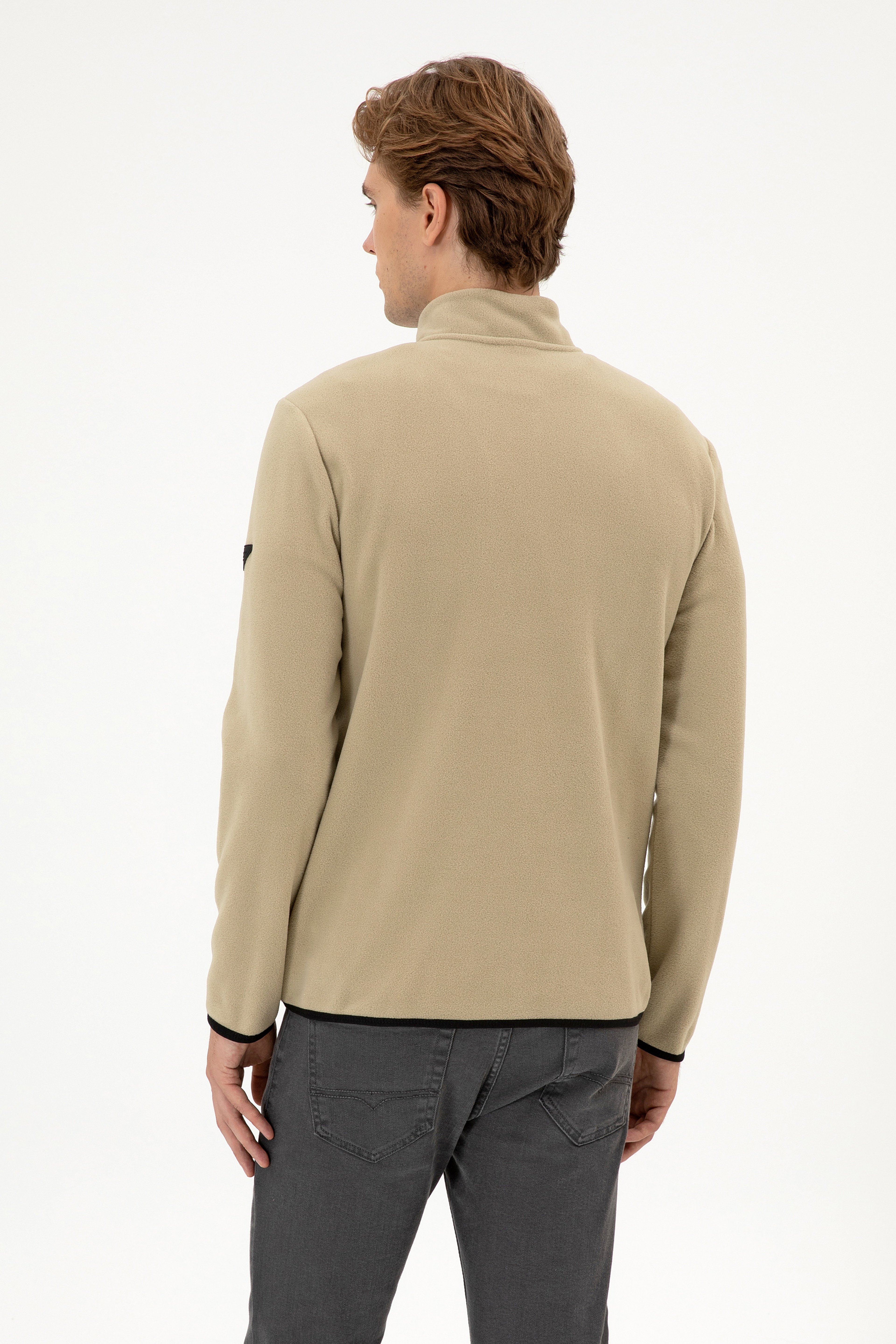 Erkek Regular Fit Açık Haki Polar Yarım Fermuarlı Basic Sweatshirt - Image 5