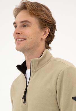 Erkek Regular Fit Açık Haki Polar Yarım Fermuarlı Basic Sweatshirt - 50313777086