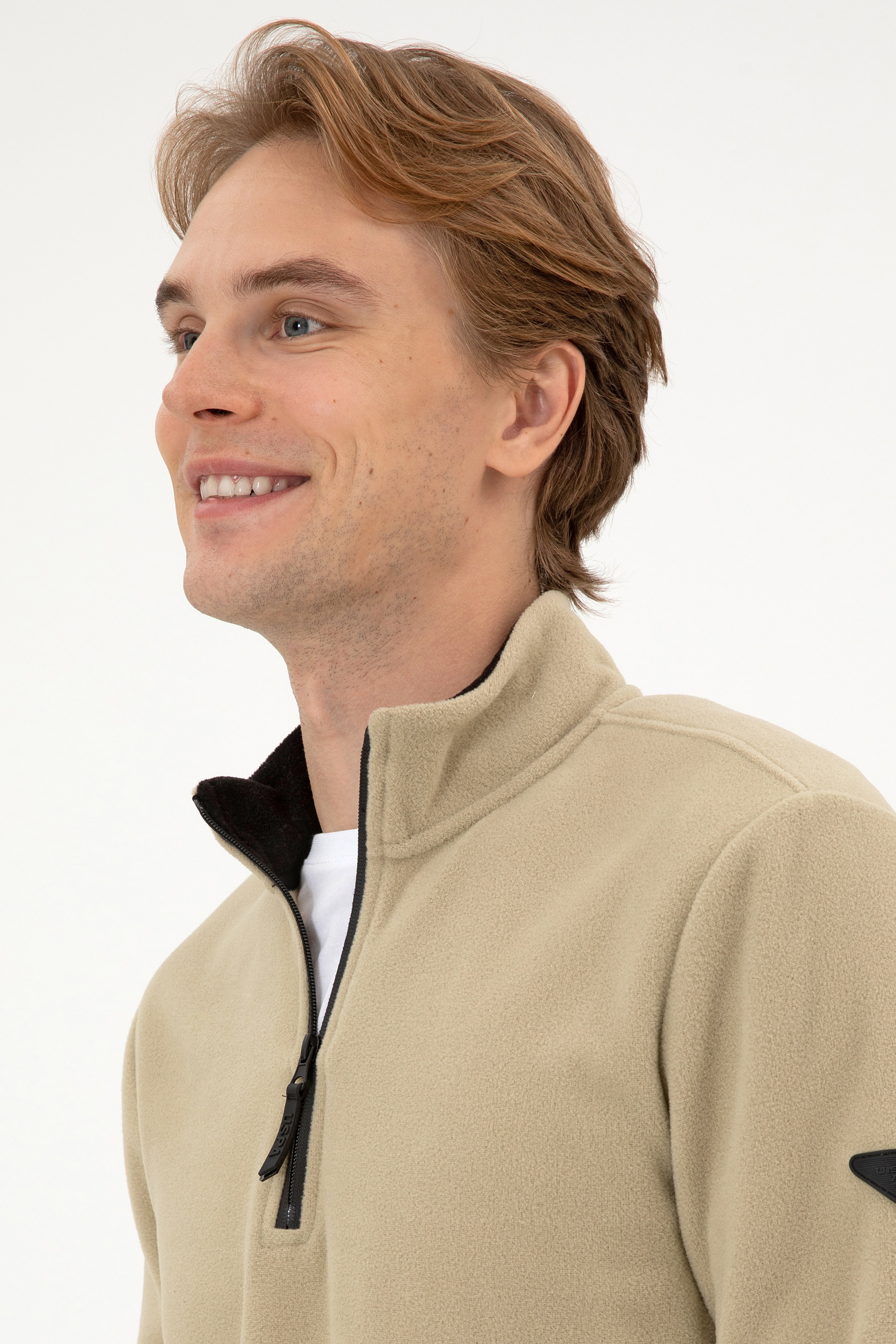 Erkek Regular Fit Açık Haki Polar Yarım Fermuarlı Basic Sweatshirt - Image 2