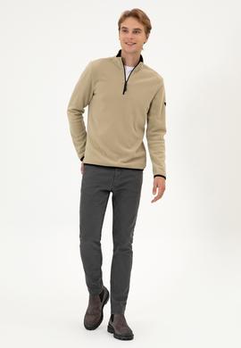 Erkek Regular Fit Açık Haki Polar Yarım Fermuarlı Basic Sweatshirt - 50313777086
