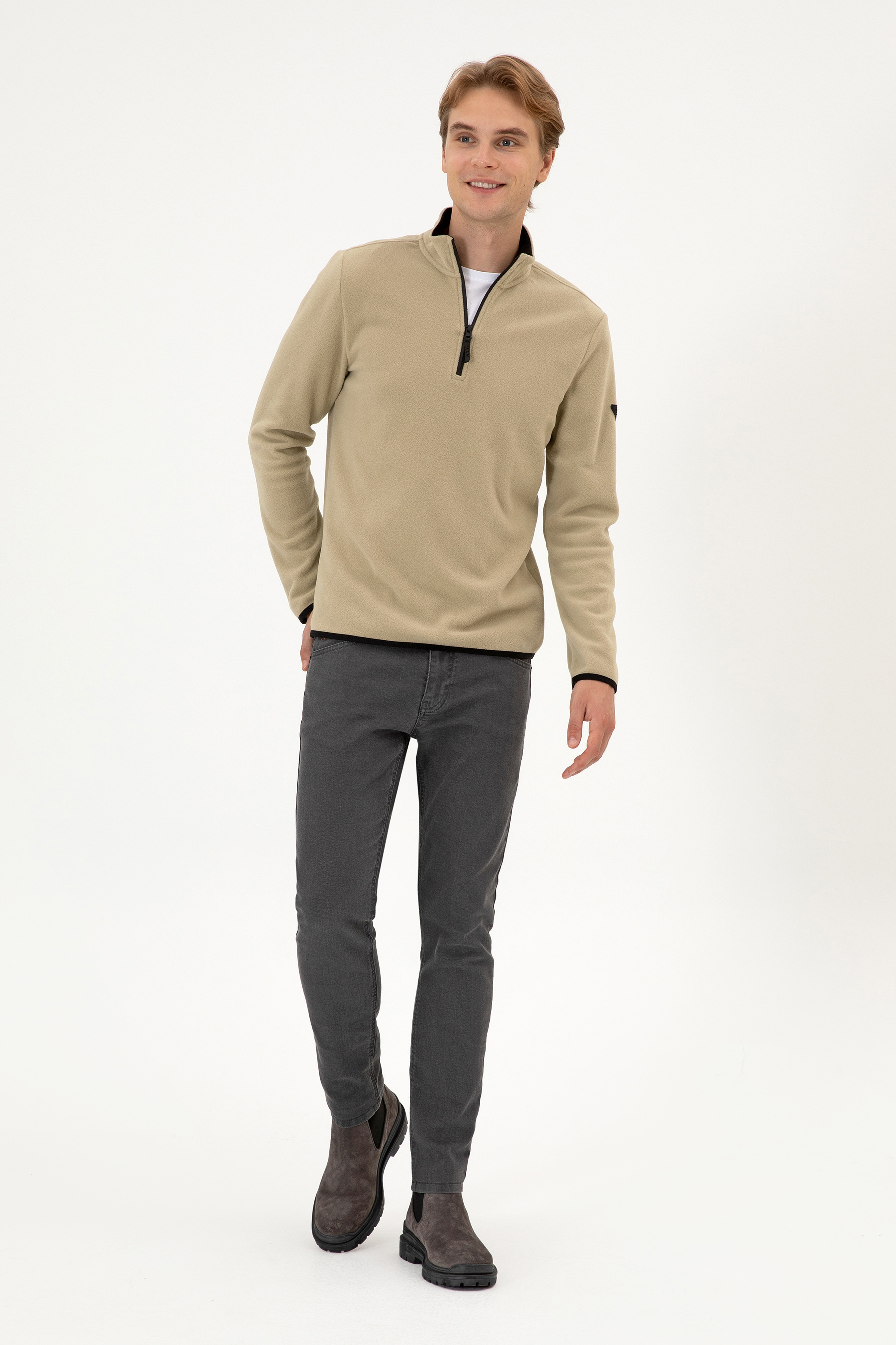 Erkek Regular Fit Açık Haki Polar Yarım Fermuarlı Basic Sweatshirt - Image 4