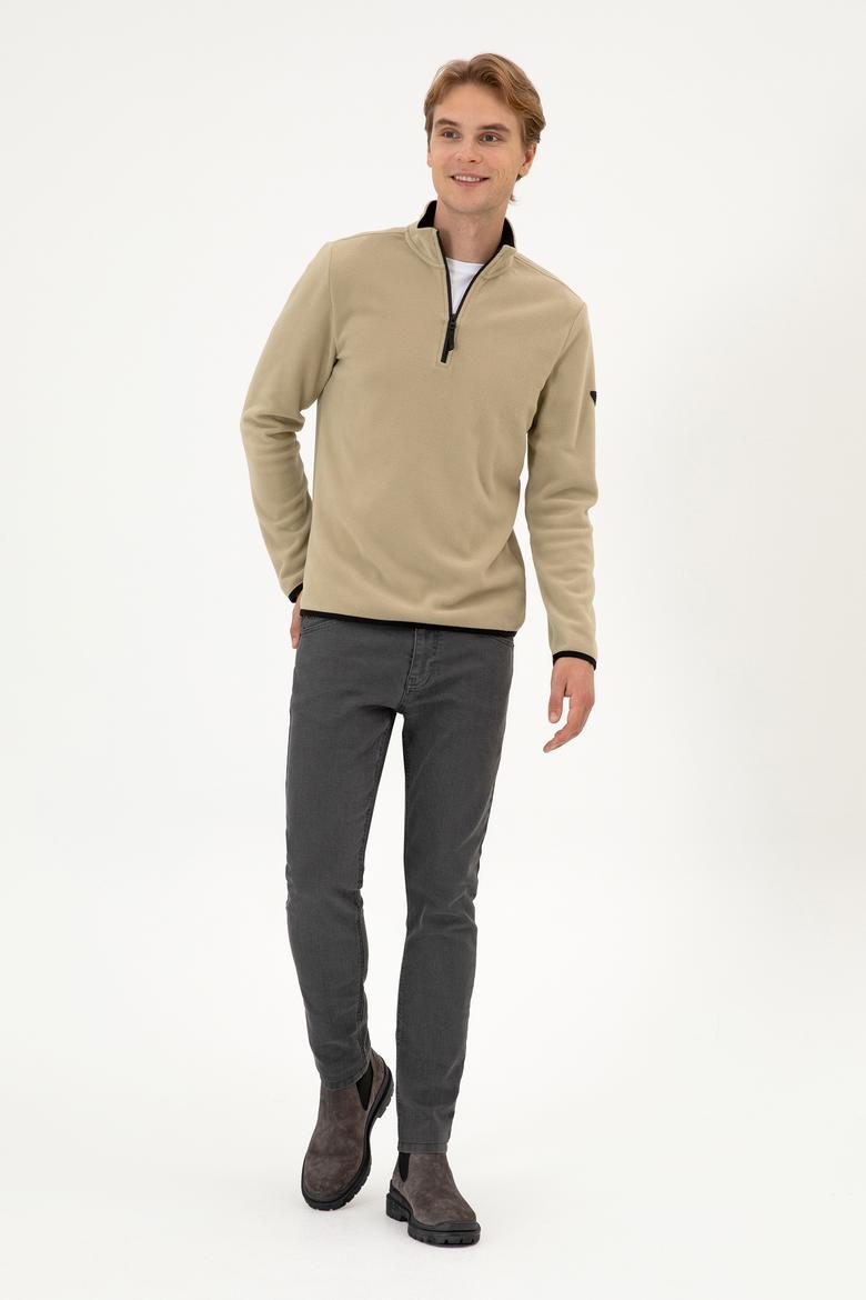 Erkek Regular Fit Açık Haki Polar Yarım Fermuarlı Basic Sweatshirt - 50313777086